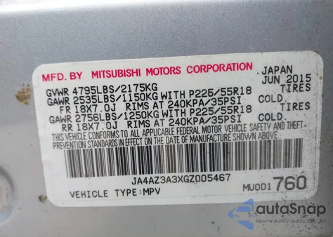 2016 Mitsubishi Outlander z USA, uszkodzony, nr VIN JA4AZ3A3XGZ005467